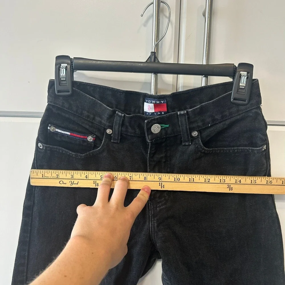 Tommy Hilfiger Vintage High Waisted Black Denim Jeans Straight Leg Flag Logo